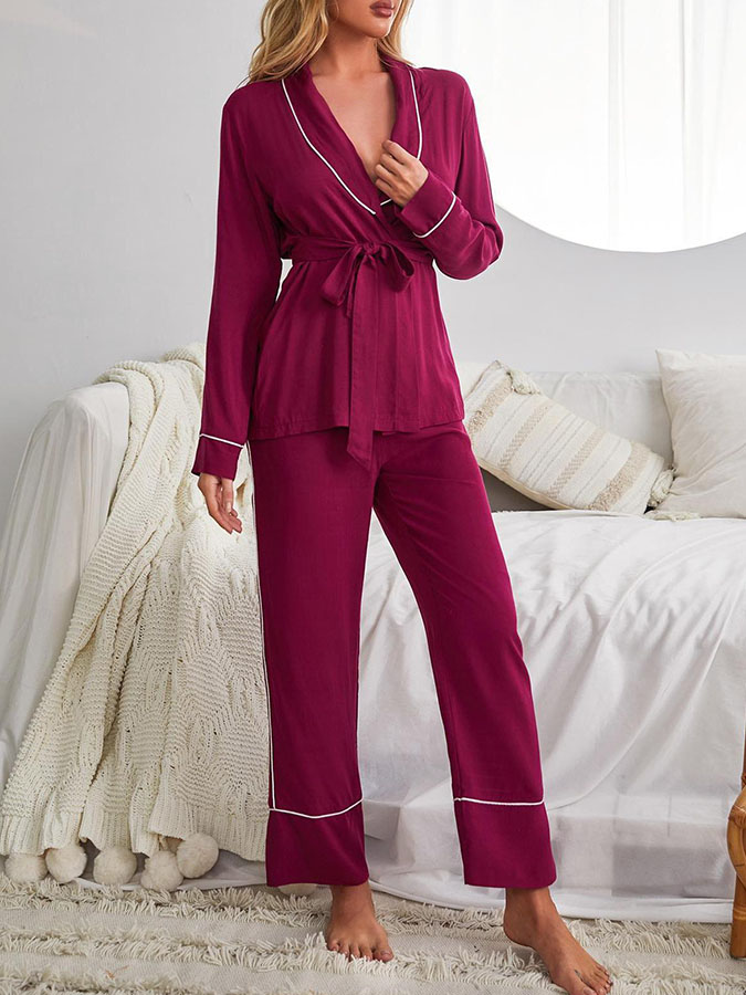 Red Long Sleeves Solid Pajama Sets