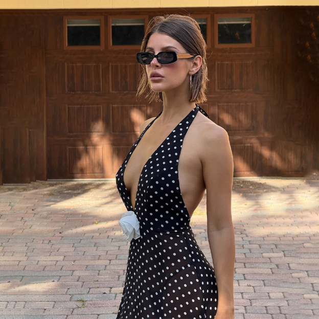 Polka Dot Mesh Maxi Dress with Halter Tie and Statement Floral Detail