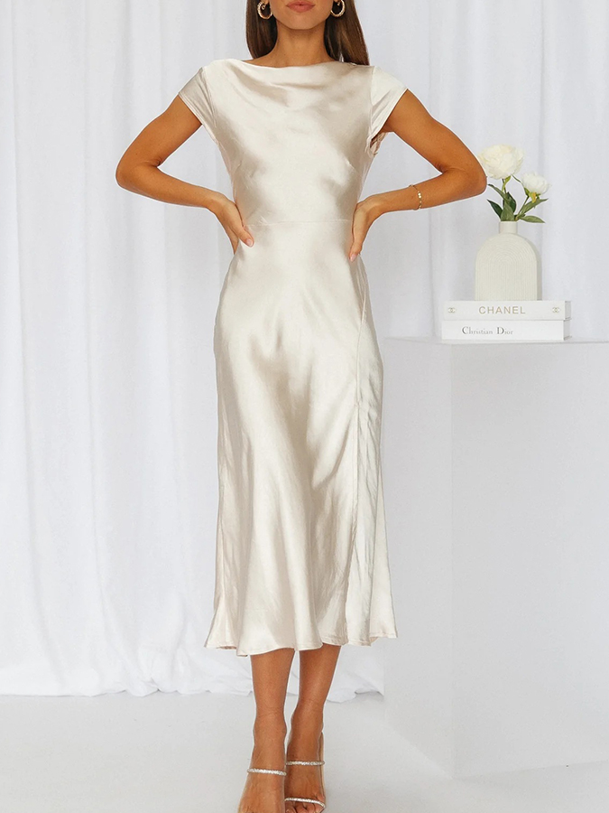 Short Sleeves Backless Solid Satin Party Dress