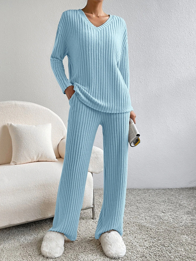V Neck Long Sleeves Solid Top and Pants Two Pieces Sets