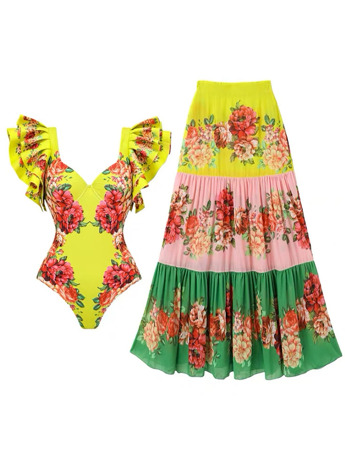 Ruffles Colorful Flower Print One Piece Swimsuit and skirt