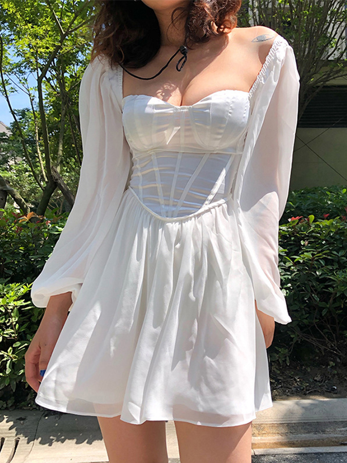 Long Sleeves Square Neck Croset Mini Dress