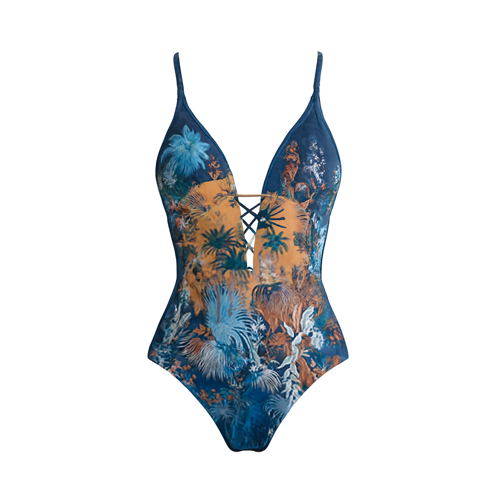 Women's V Neck Scenery Under Moonlight Print One-Piece Swimsuit with Skirt