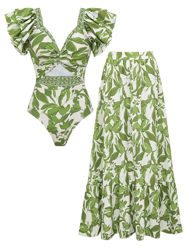 Ruffle V Neck Green Print Cut Out Swimsuit Set