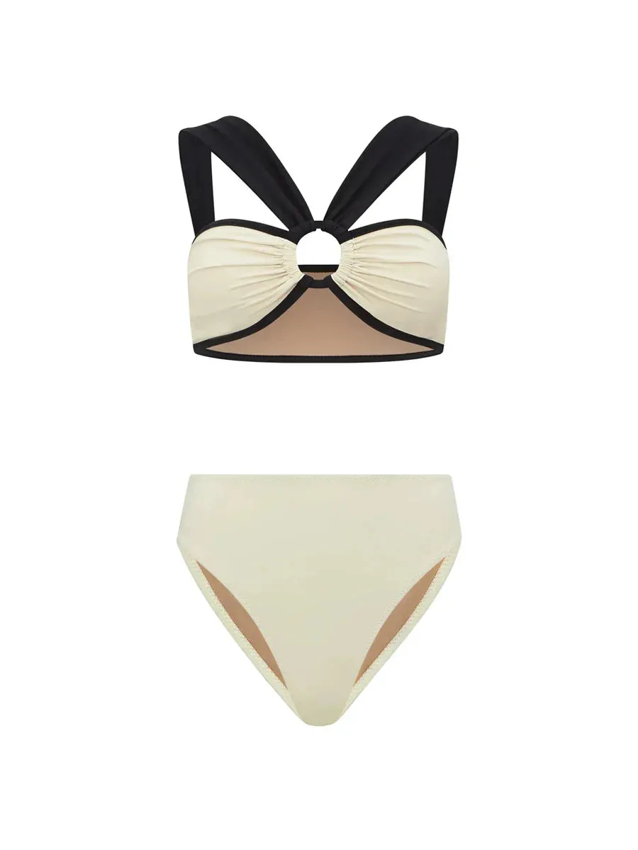 Milky White Swimsuit with Black & White Print Long Cover-Up