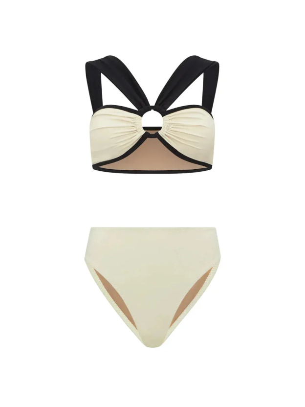 Milky White Swimsuit with Black & White Print Long Cover-Up