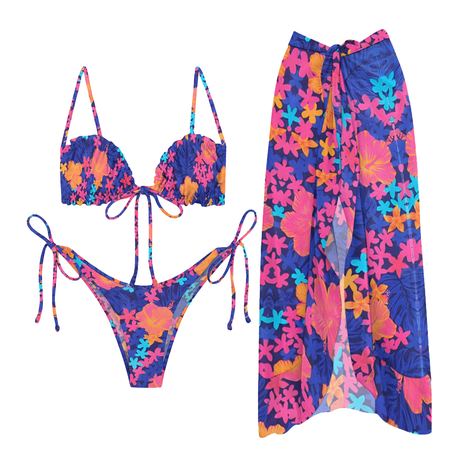 Women's Tropical Hibiscus Print Two-Piece Swimsuit with Skirt