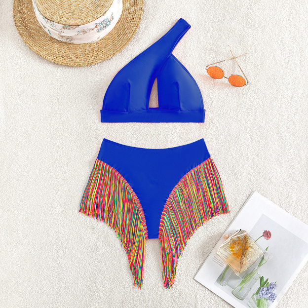 Sexy Solid Color One-Shoulder Two-Piece Swimsuit Set with Fringe Detail