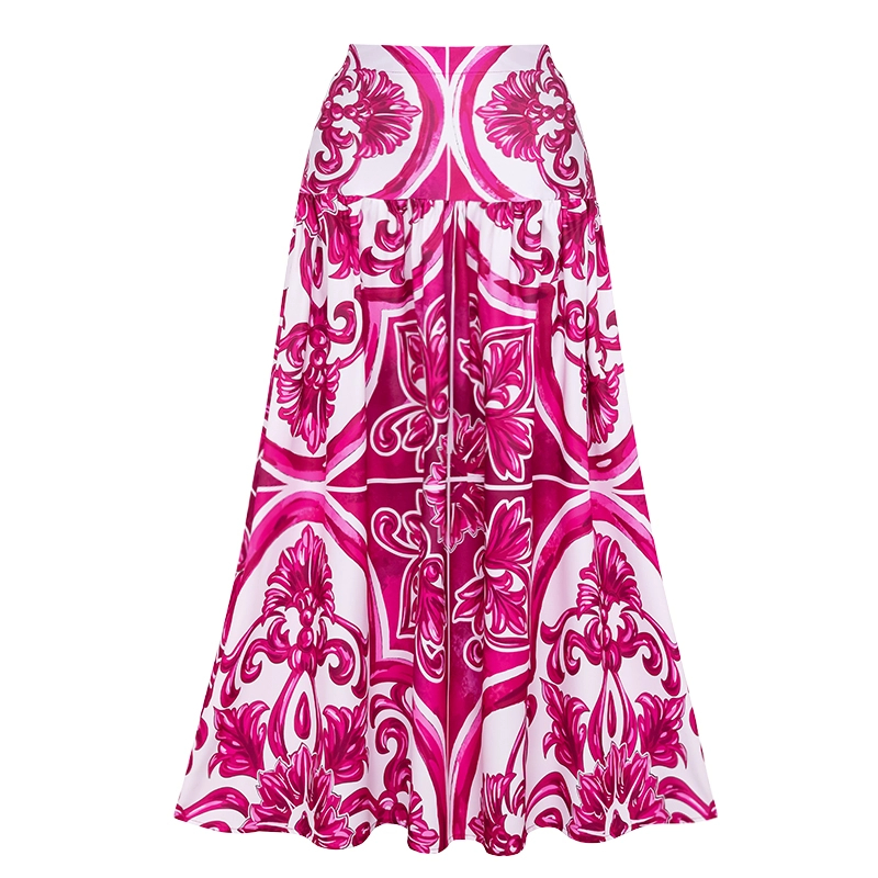 Sling Classic Majolica Series Pattern Print One Piece Swimsuit and Skirt - Pink