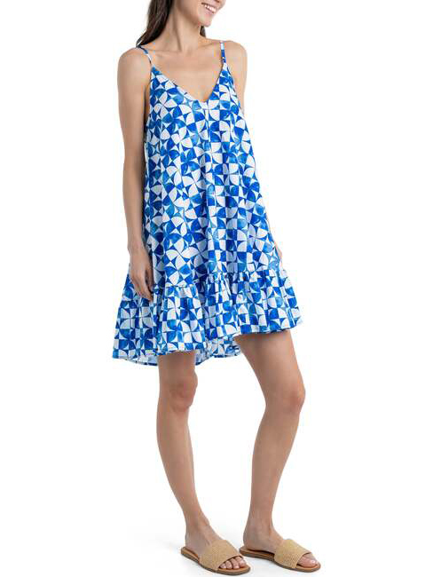 V-neck Blue Print Beach Dress
