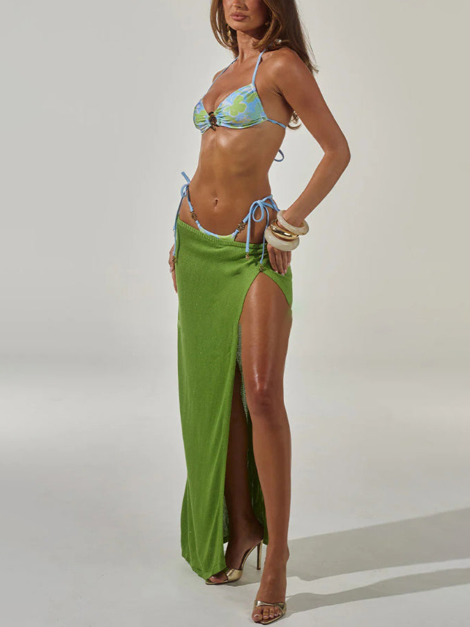 Elegant Bikini Set with High-slit Casual Knitted Cover-up Maxi Skirt