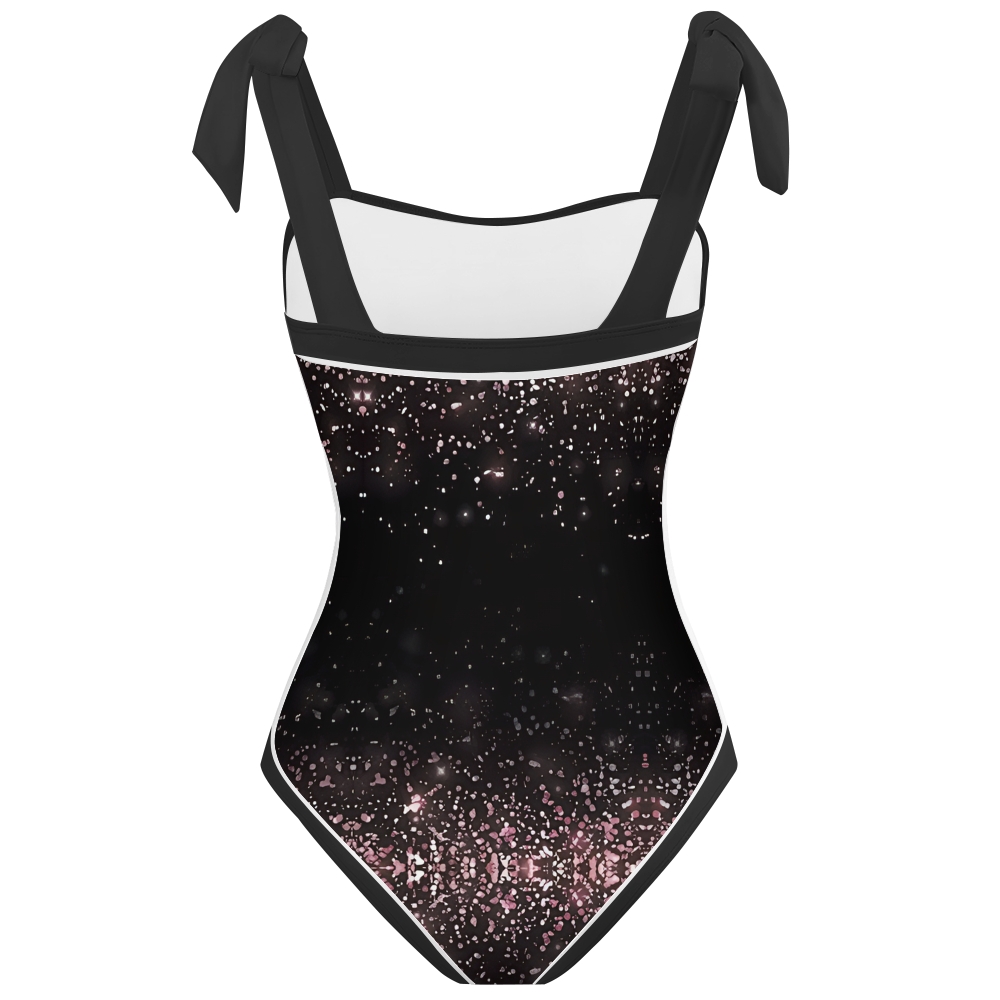 Galaxy Print Shoulder Tie One-Piece Swimsuit with Matching Wrap Skirt