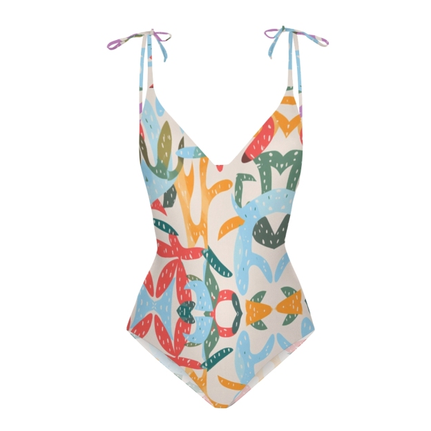 Colorful Abstract V-Neck Swimwear Set with Tie-On Mini Wrap Skirt