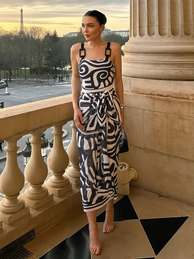 Adjustable Shoulder Straps Black Tribal Print Swimsuit Set