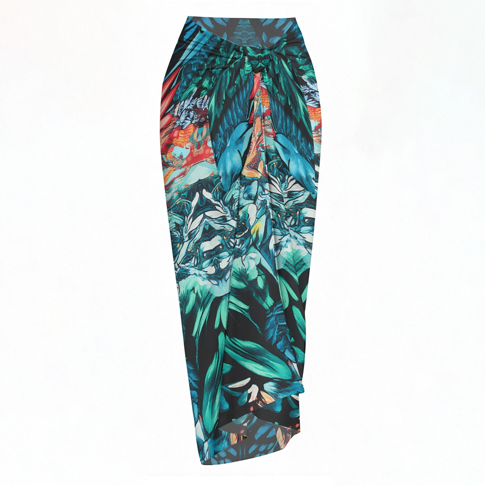 Boho Exotic Tropical Halter One-Piece Swimsuit with Sarong Skirt