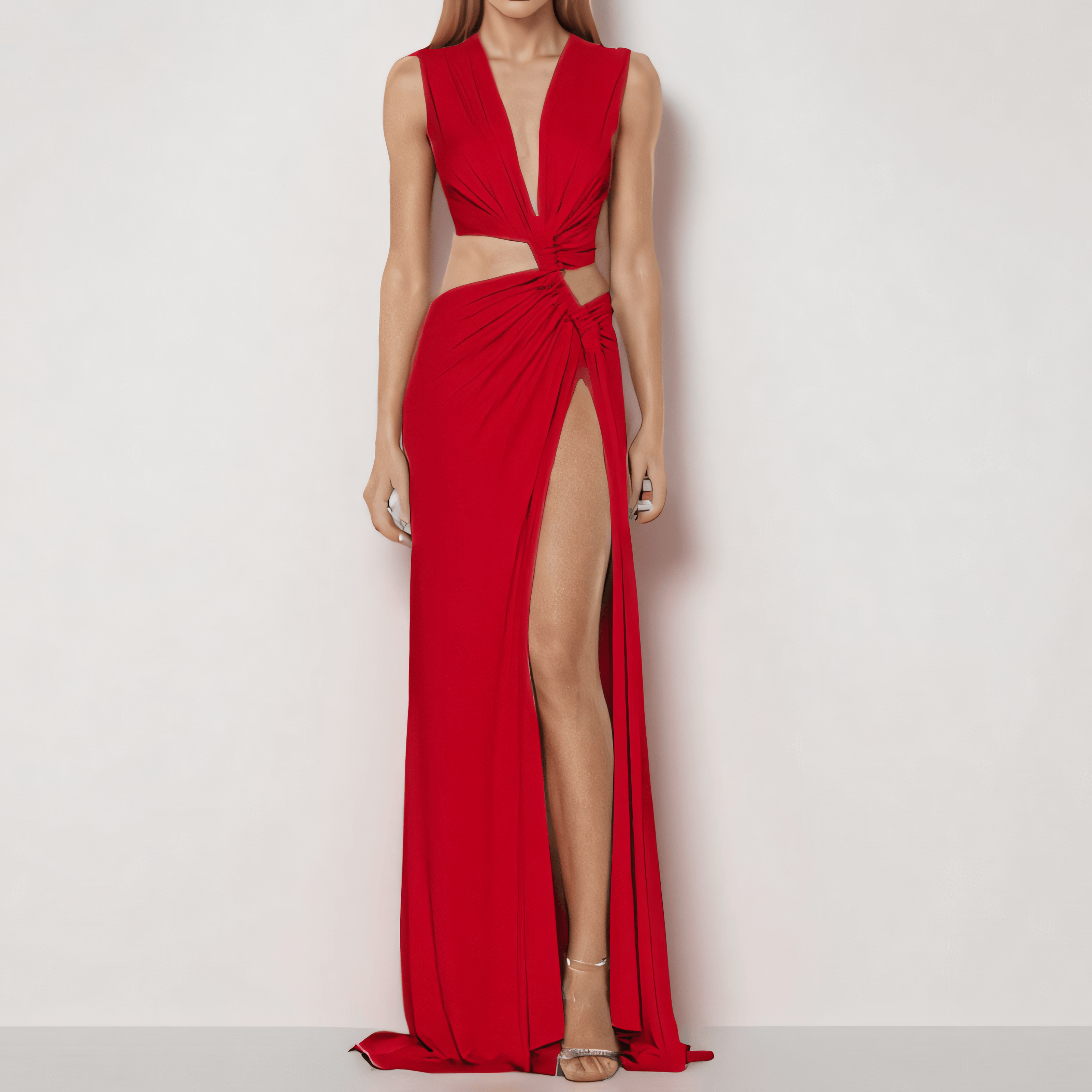 Cutout Twisted High Slit V Neck Sleeveless Pleated Asymmetric Dress