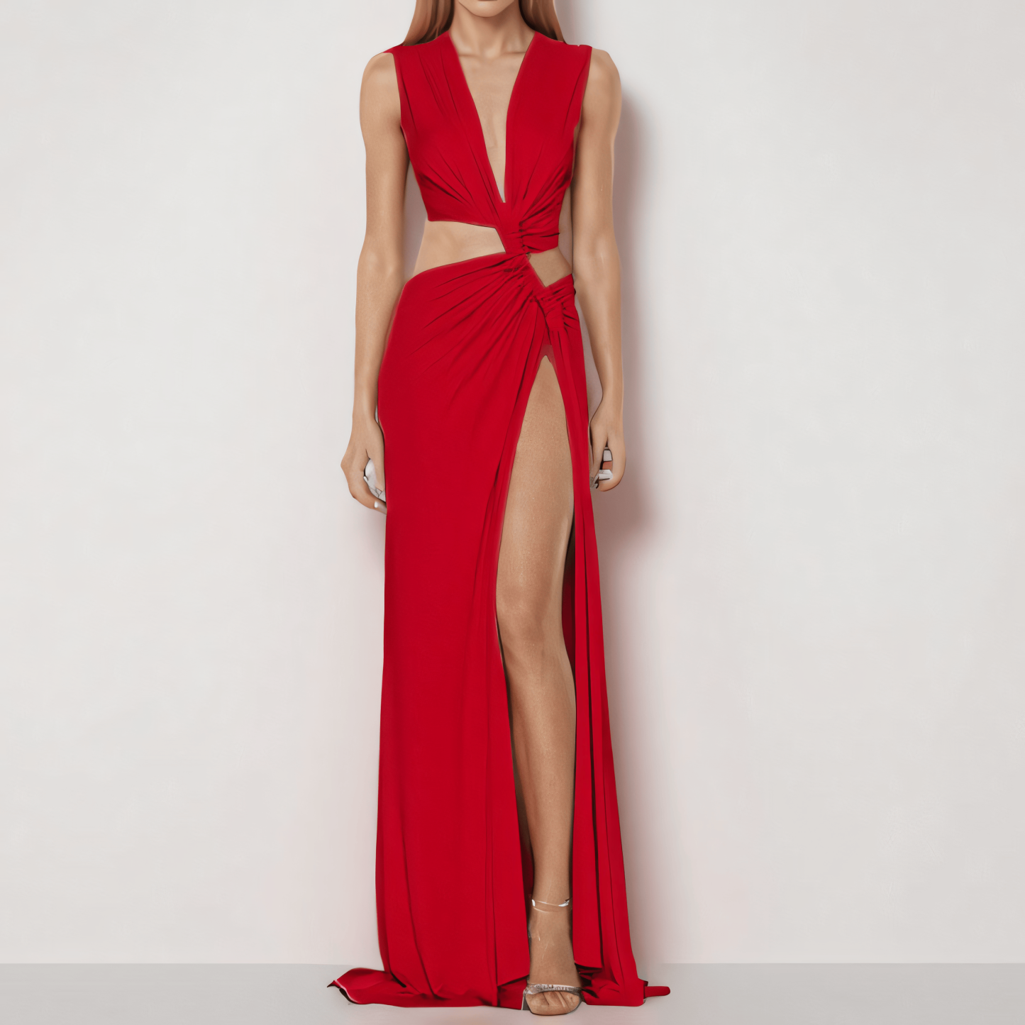 Cutout Twisted High Slit V Neck Sleeveless Pleated Asymmetric Dress