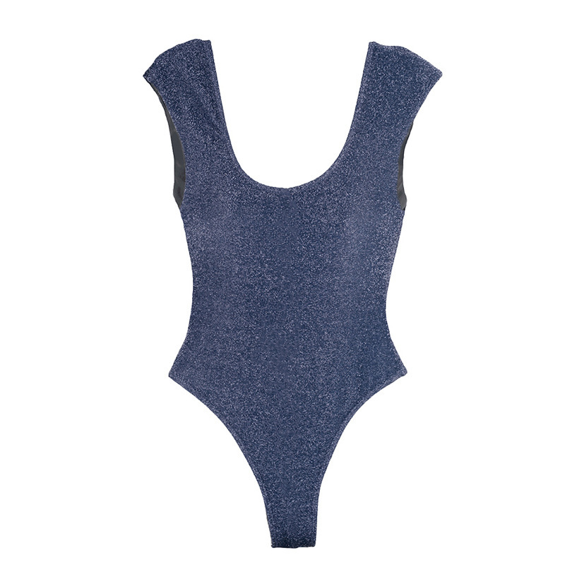 Women's Sexy Blue Lurex One-Piece Swimsuit with High-Cut Leg and Open Back