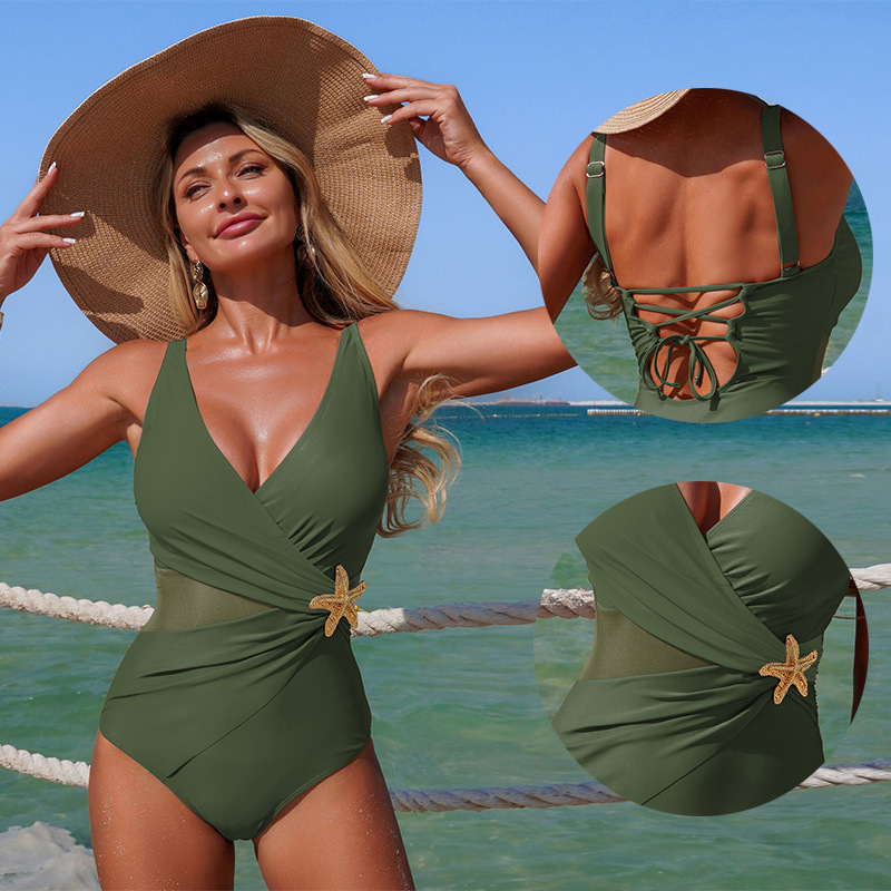 Women's 2026 New Mesh & Color-Block One-Piece with V-Neck and Starfish Detail