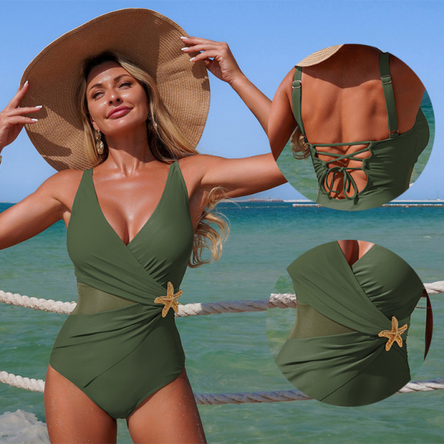 Women's 2026 New Mesh & Color-Block One-Piece with V-Neck and Starfish Detail