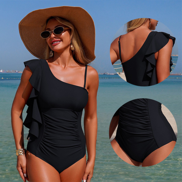 Women's 2026 New Solid Color One-Shoulder Ruffle Style One-Piece Swimsuit