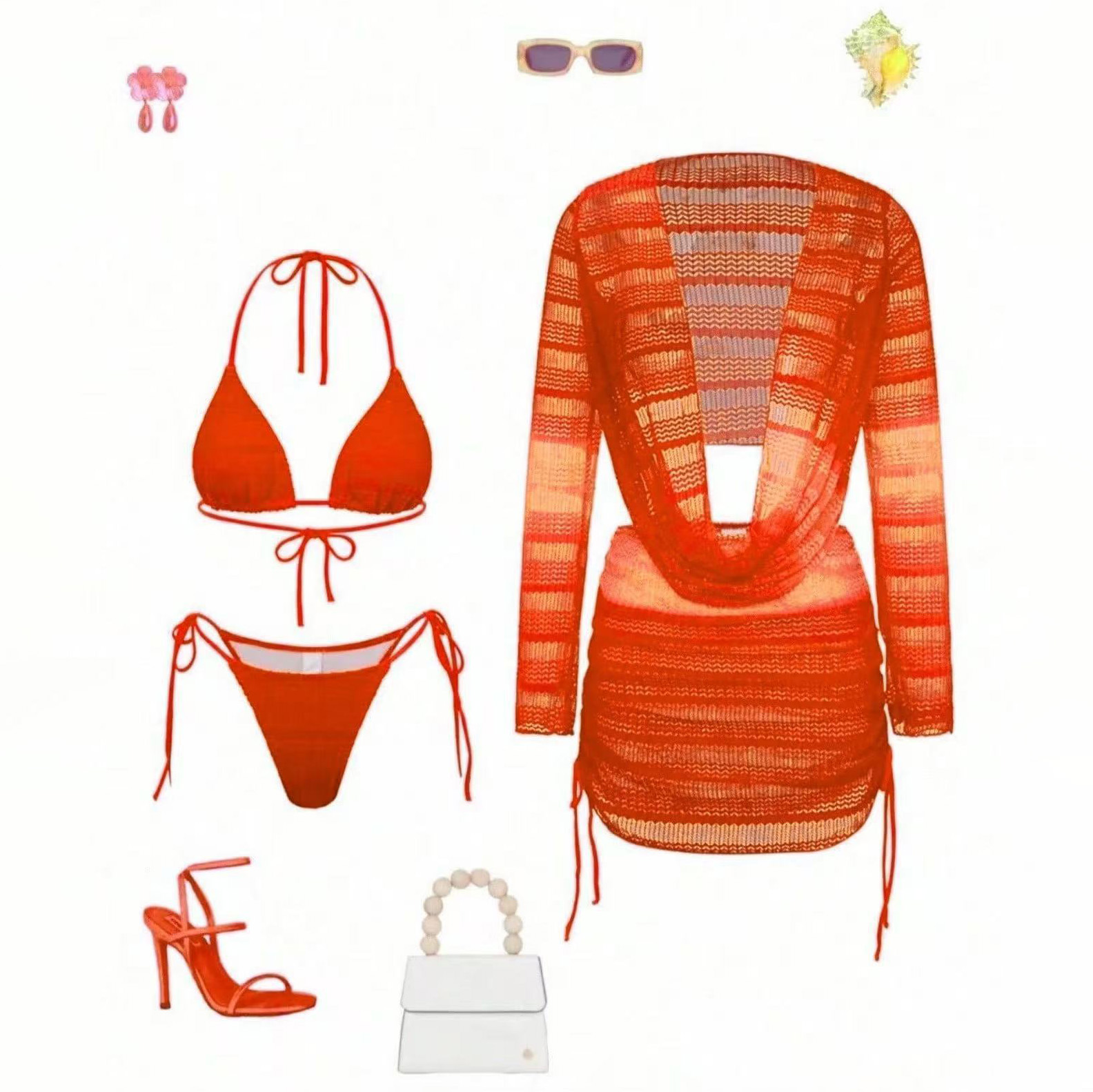 2026 Tie-Dye & Mesh 4-Piece Set: Bikini, Long Top & Mini Skirt