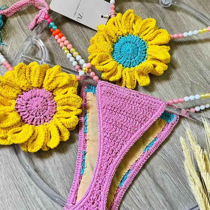 Women's Boho Crochet Bikini with Flower Details Two-Piece Swimsuit