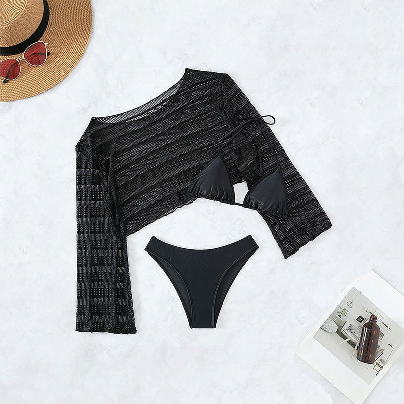 Women's Sheer Mesh Long Sleeve Cover-Up Beach 3-Piece Set