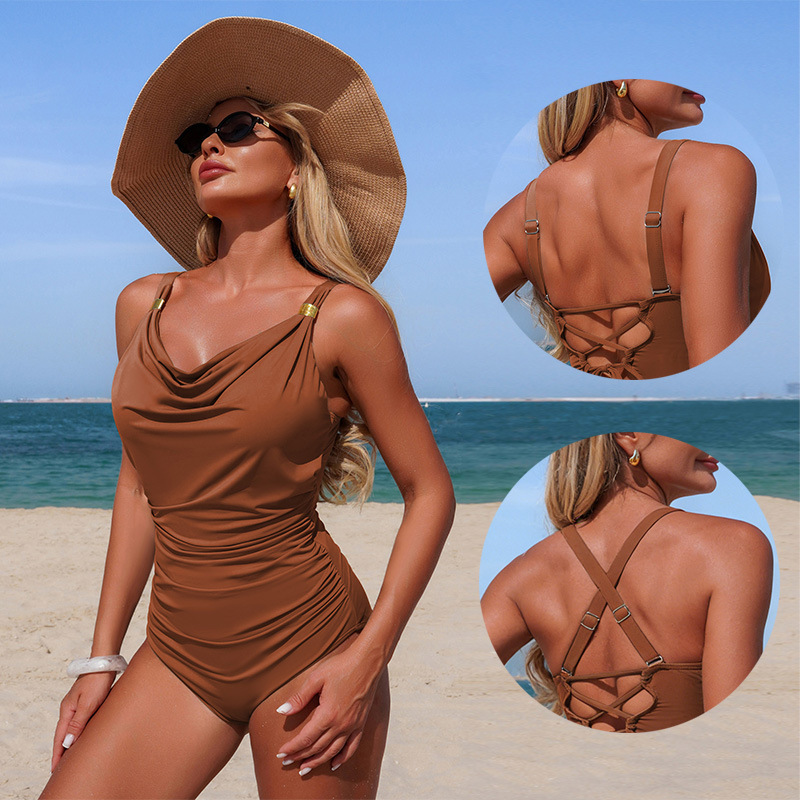 Women's 2026 New Solid Color V-Neck One-Piece Swimsuit