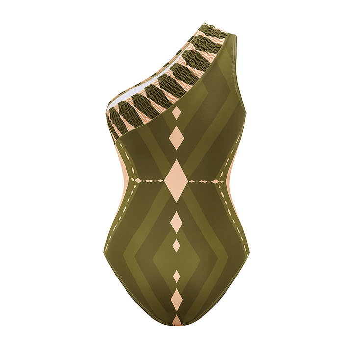 Vintage Bohemian Print One-Shoulder Swimsuit Set