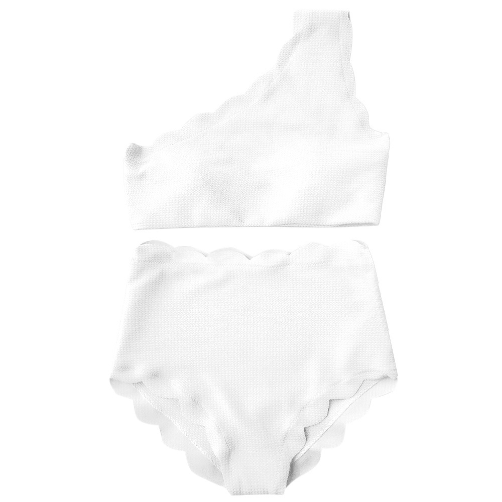 Women's One-Shoulder High-Waisted Two-Piece Swimsuit with Ruffle Trim in Waffle Knit Fabric