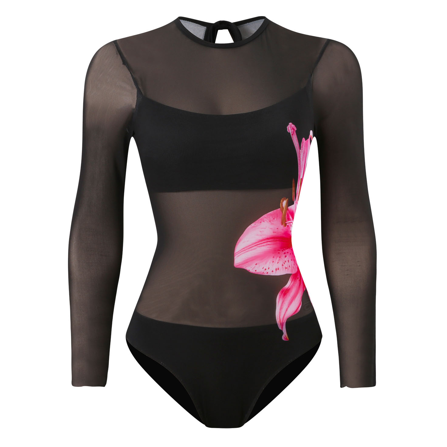 Women's Mesh Swimsuit with Floral Print One-Piece Swimsuit and Matching Maxi Skirt