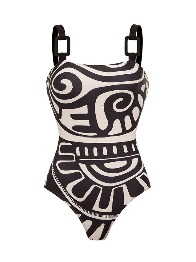 Adjustable Shoulder Straps Black Tribal Print Swimsuit Set