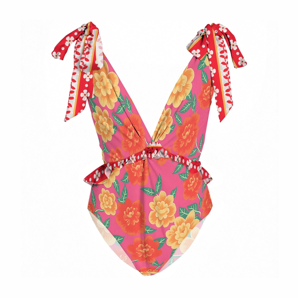Tropical Floral One-Piece Swimsuit with Matching Sarong Skirt