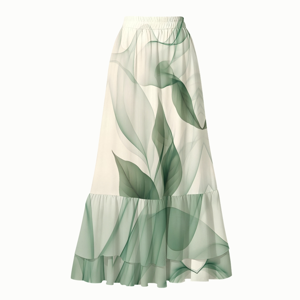 Leaf Print Ruffles Bikini Set with Matching Tiered Maxi Skirt