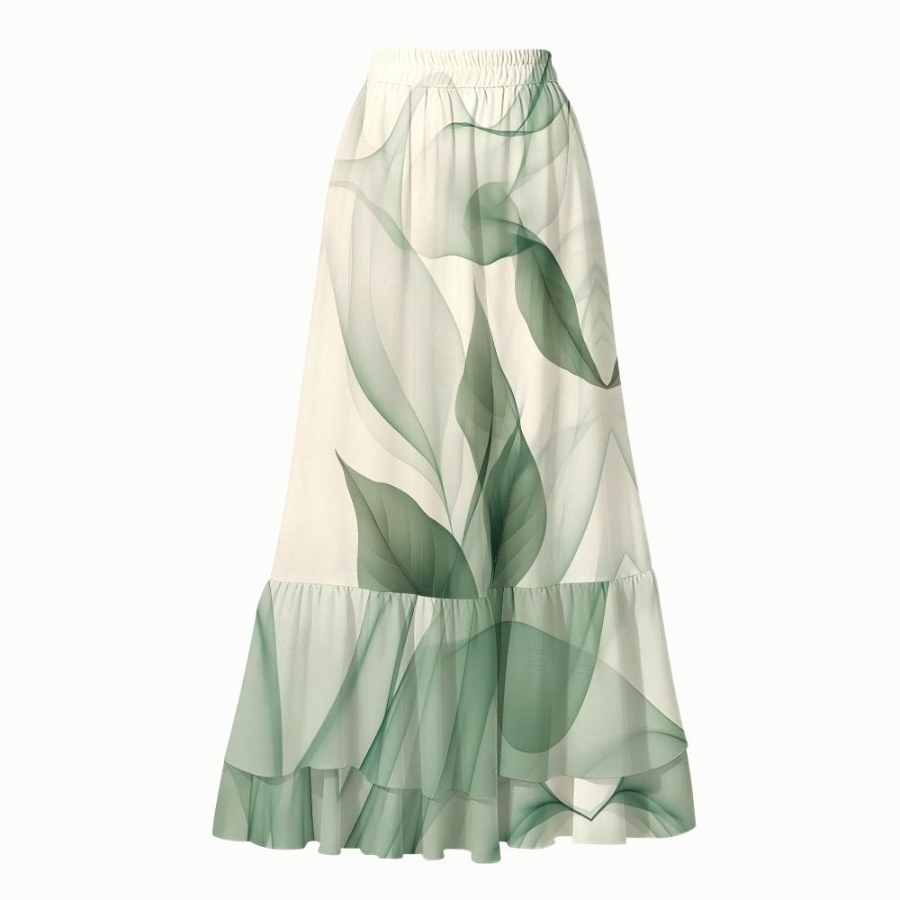 Leaf Print Ruffles Bikini Set with Matching Tiered Maxi Skirt