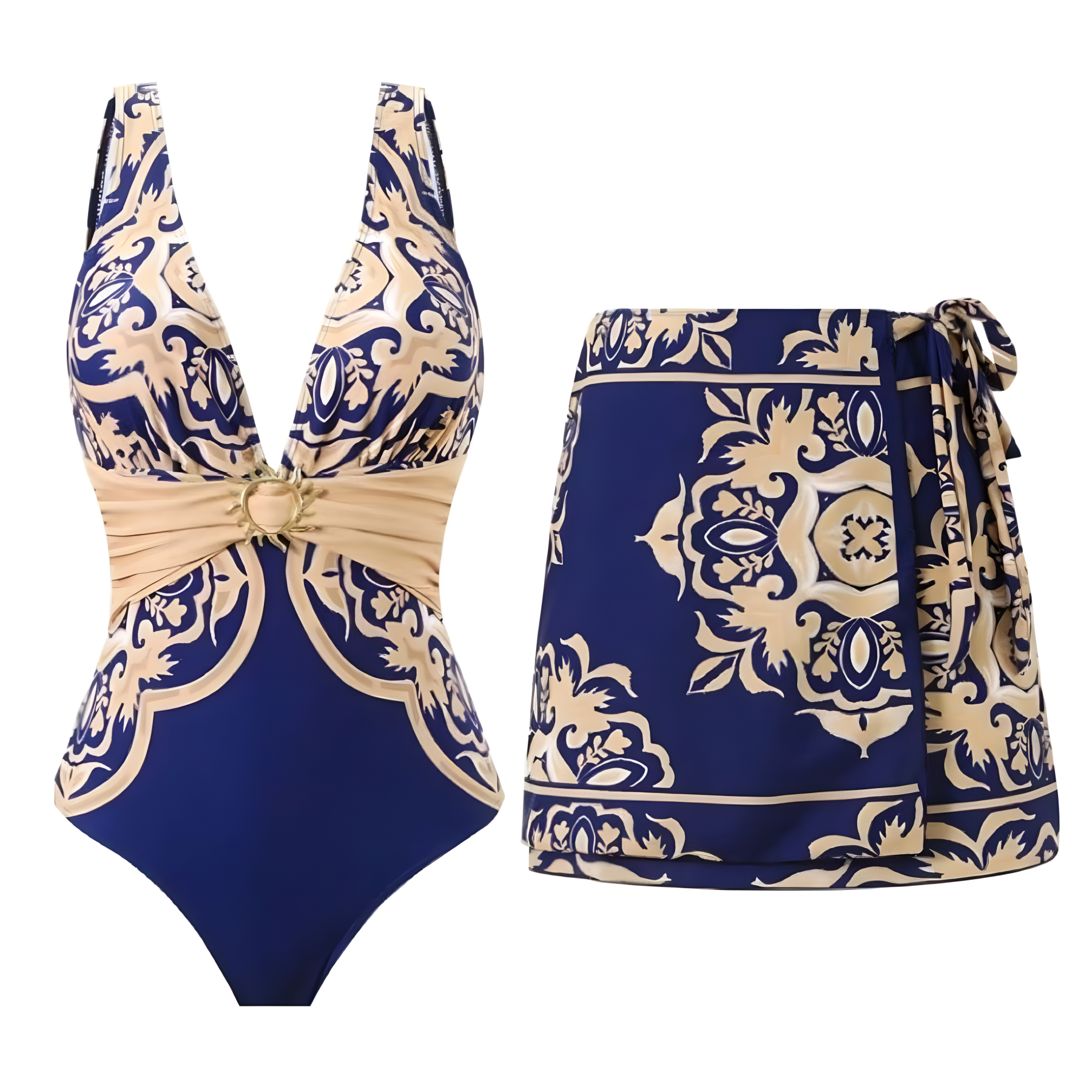 Women's Vintage Print Deep V One-Piece Swimsuit and Matching Skirt