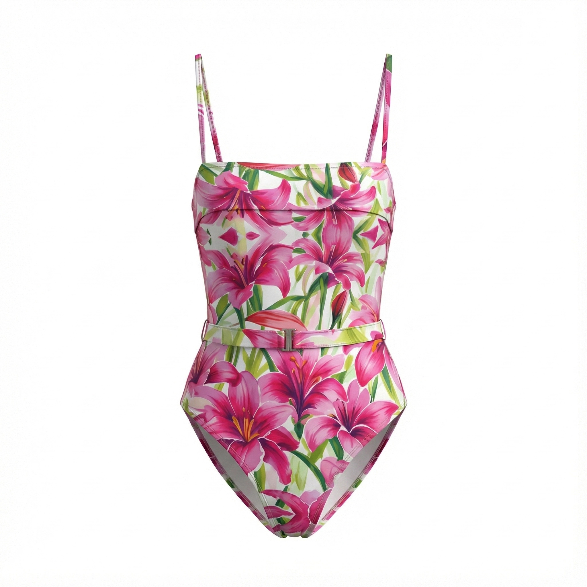 Square-neck Dark Magenta Lily Print Swimsuit Set(s)