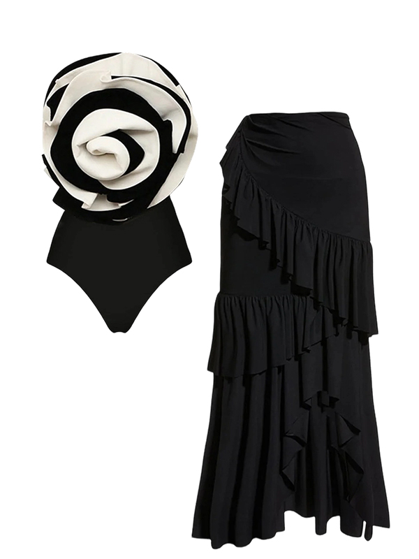 Exaggerated 3D Flower Swimsuit And Skirt