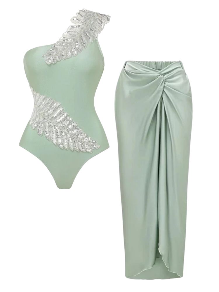 Beads Embroidered with Solid Color Swimsuit