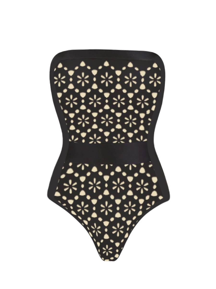 New Black Laser-Cut Cutout Bandeau One-Piece Swimsuit Set with Skirt