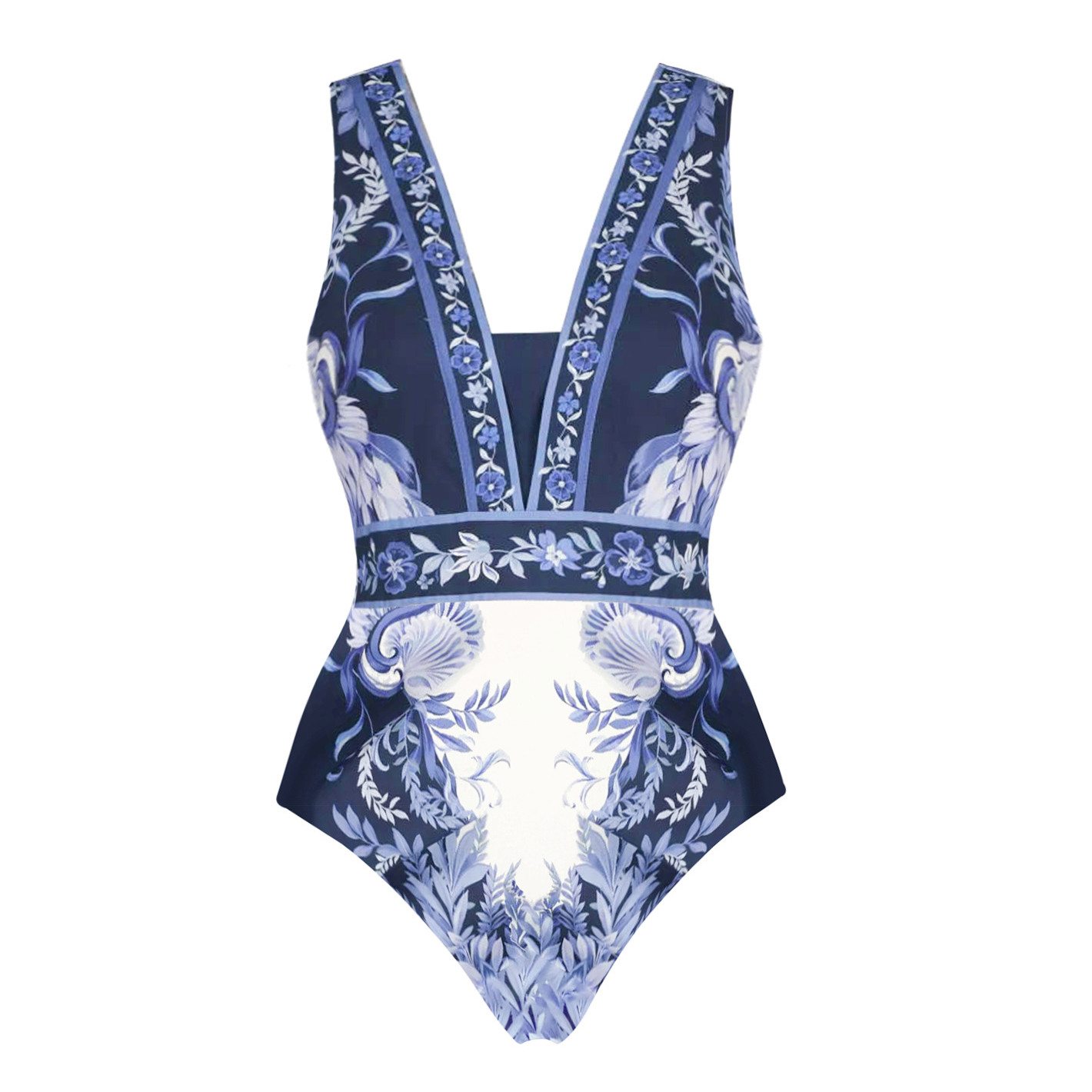 Women's V Neck New Blue Oriental-Inspired Print One Piece Swimsuit and Mini Skirt