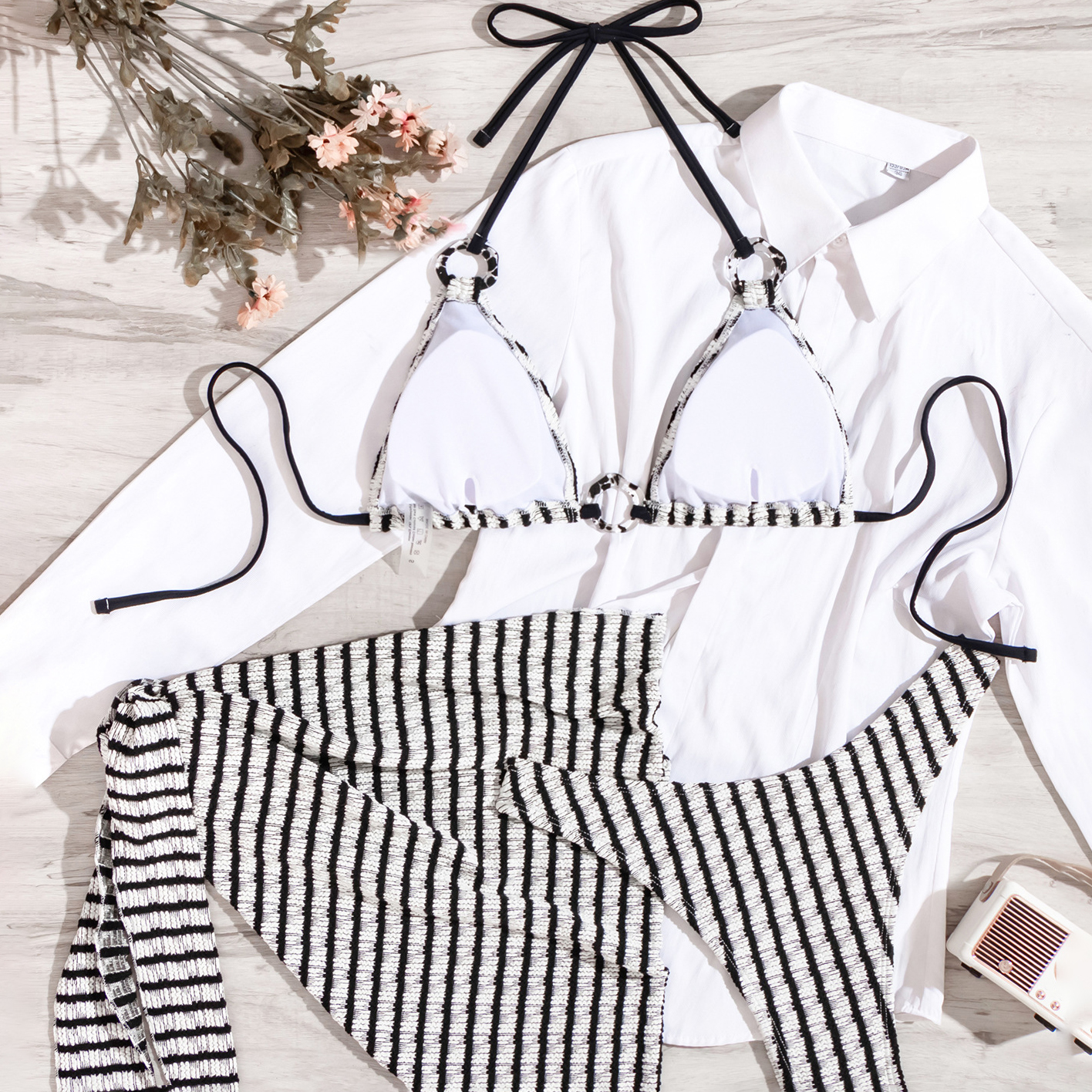 Women's Striped Color-Block 3-Piece Set Two-Piece Swimsuit with Skirt
