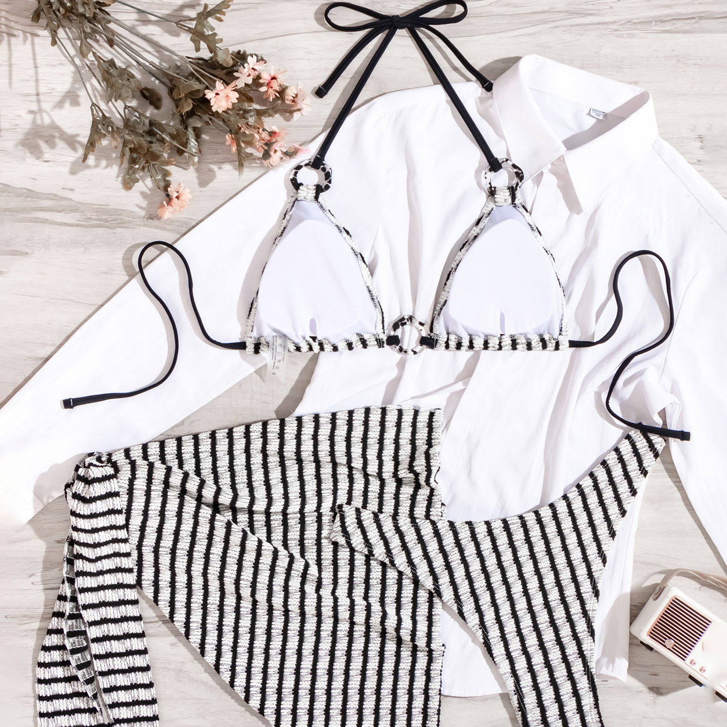 Women's Striped Color-Block 3-Piece Set Two-Piece Swimsuit with Skirt