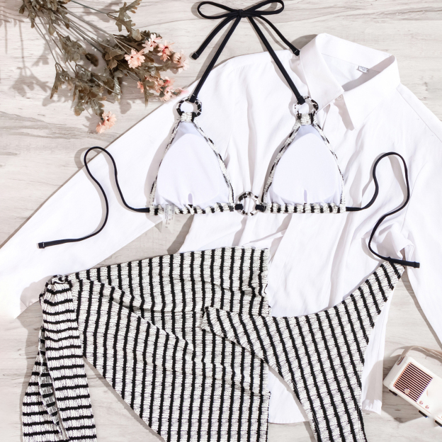 Women's Striped Color-Block 3-Piece Set Two-Piece Swimsuit with Skirt