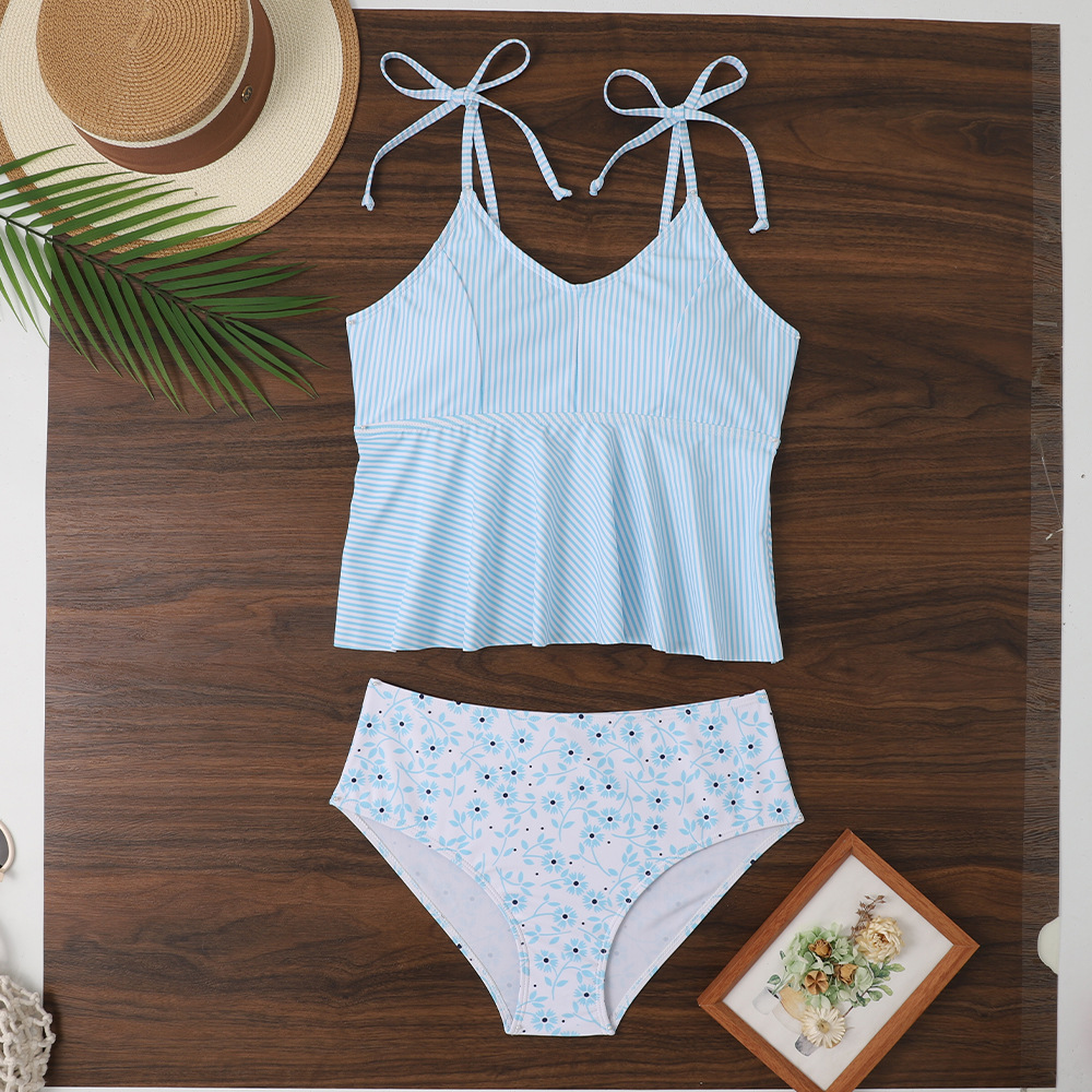 Floral High Waist Bikini Bottoms with Ruffled Tankini Stripe Top