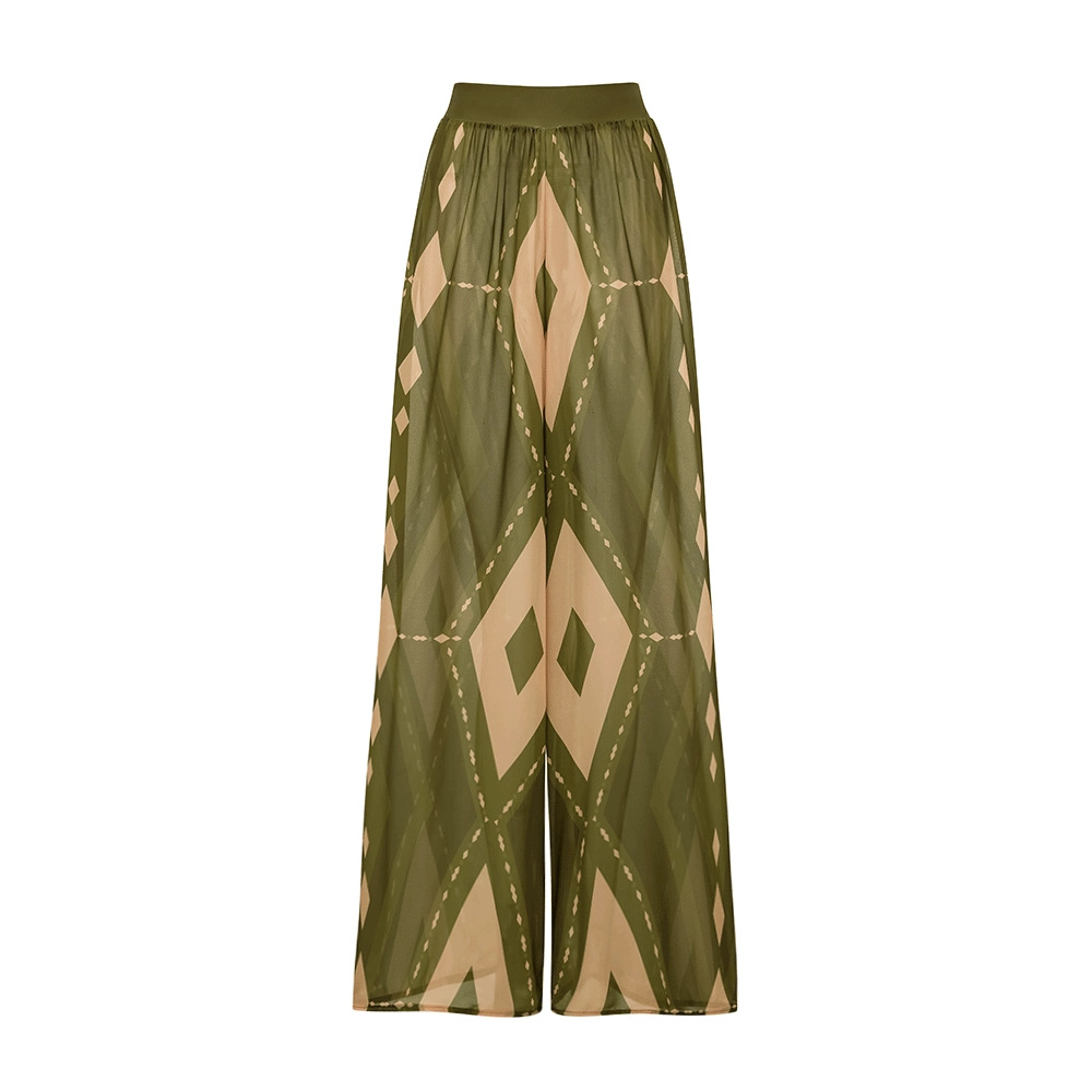 New Bohemian Vintage Geometric Print One-Shoulder Open-Back One-Piece with Pants Swimsuit Set