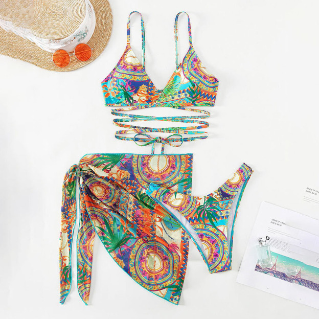 Women's Sexy Open-Back 3-Piece Set with Vintage Print