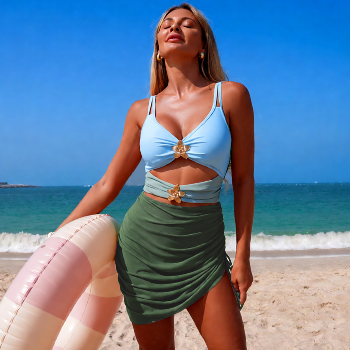 Sexy Color-Block Sheer Mesh One-Piece Swimsuit with Plunging V-Neck and Cut-Outs