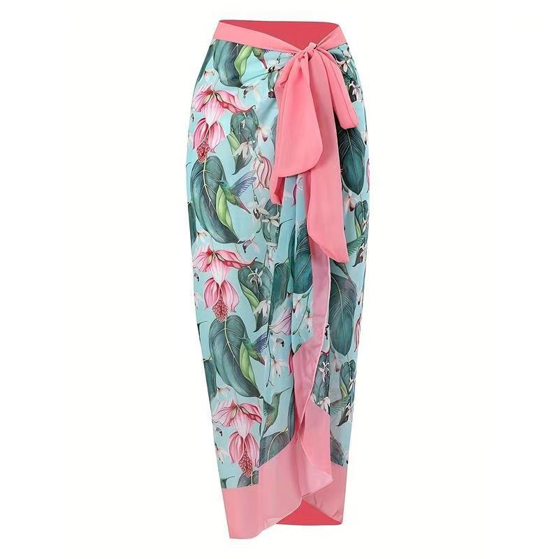Women's Romantic Pink Botanical Print with Birds One-Piece Swimsuit and Matching Maxi Skirt